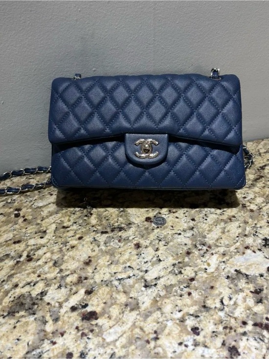 CHANEL Handbags - CHANEL Navy Quilted Leather Shoulder Bag with Silver Hardware